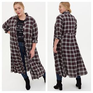 Torrid Black Plaid Brushed Challis Duster Shirt Kimono